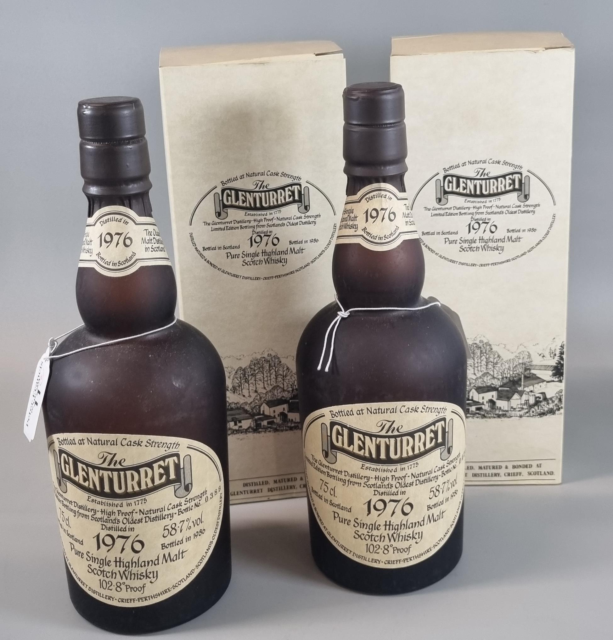 Two bottles of 'The Glenturret' pure single Highland Scotch Whisky. 1976. 58.7% vol. 102.8 proof.