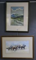 Irene Bache (Welsh early 20th century), Welsh landscape with lane and hills, signed. Ink and