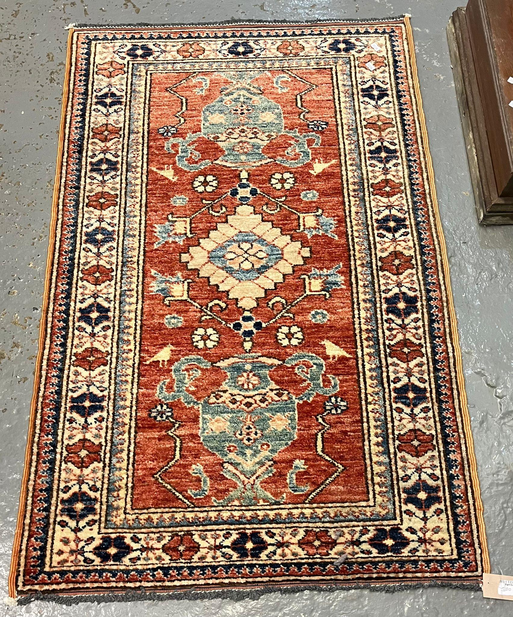 Small red and cream ground floral and foliate Heriz runner together with a modern Wilton Persian - Image 2 of 2