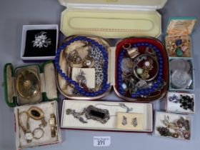 Plastic box of costume and some silver jewellery to include: silver bangle, coin bracelet, earrings,