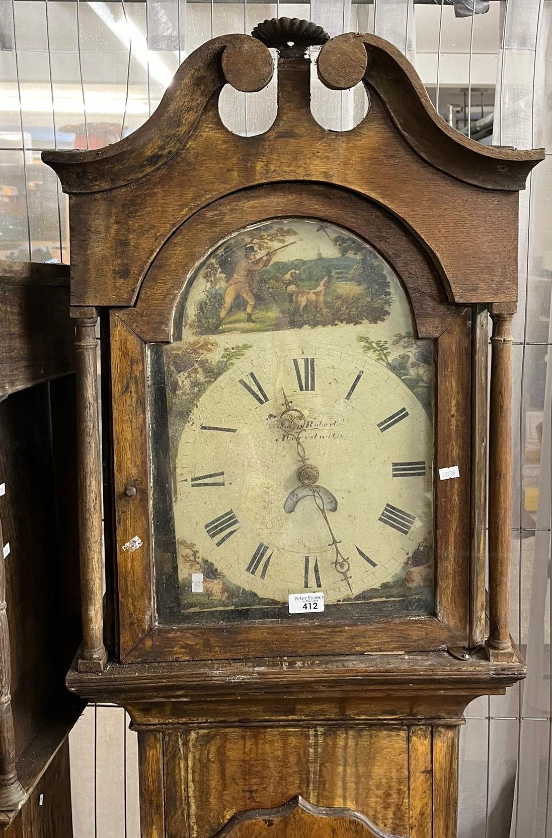 19th century oak case Welsh 30 hour long case clock, the face marked John Roberts Aberystwith, the