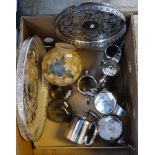 Box of mostly silver plate to include: Viners of Sheffield trays, teapots, kettles, coffee pot, milk