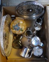 Box of mostly silver plate to include: Viners of Sheffield trays, teapots, kettles, coffee pot, milk