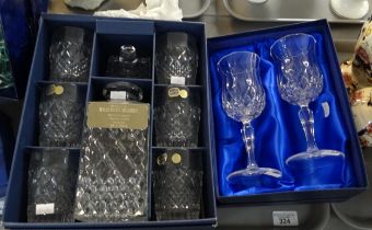 Three trays of boxed glass and china to include: Bohemia crystal decanter set, pair of Bohemia