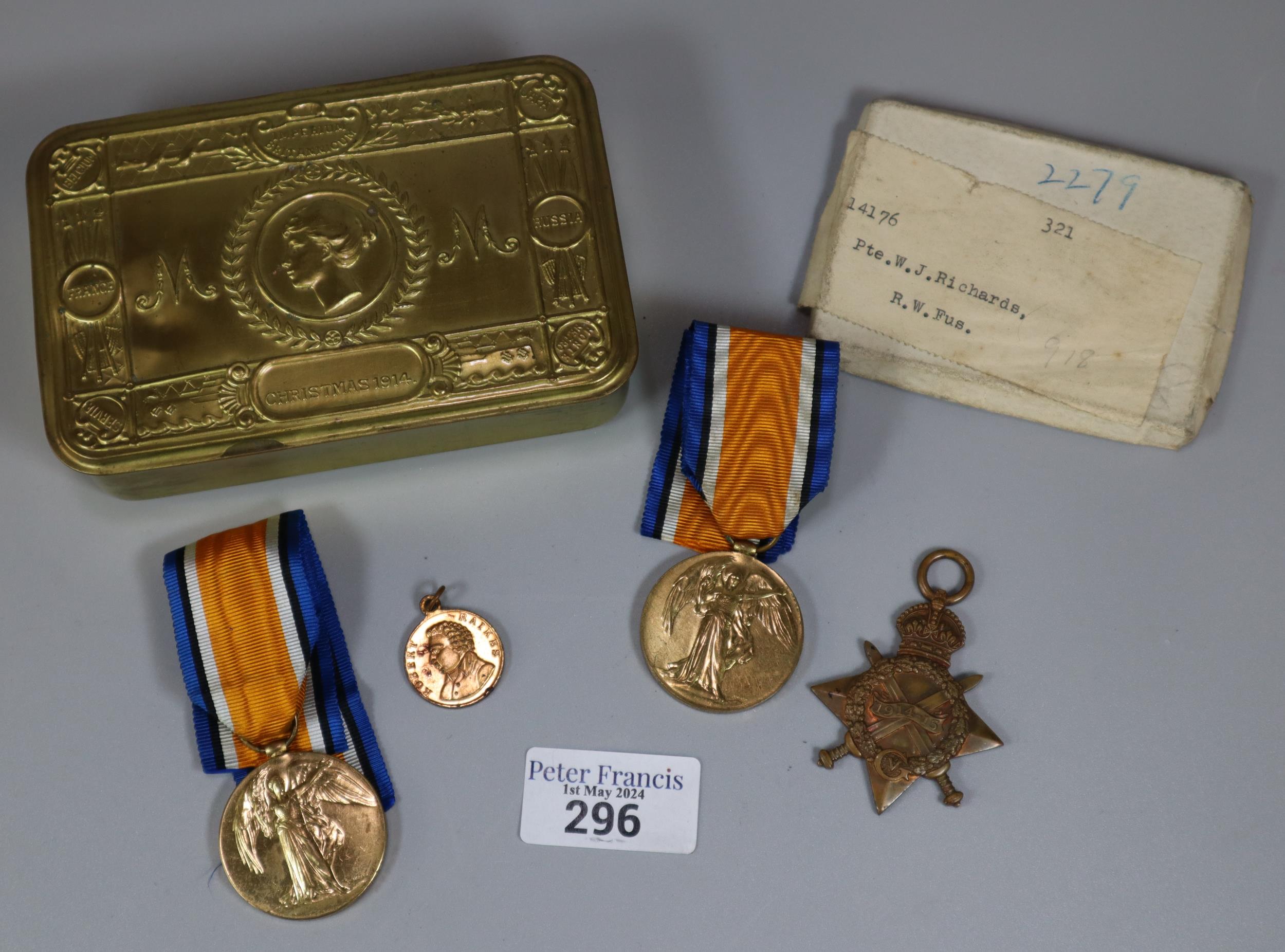 Three WWI medals to include: 1914-15 Star, awarded to Private W J Richards Royal Welsh Fusiliers,