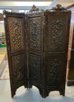 19th century Indian hardwood framed three fold screen with copper repoussé panels depicting birds