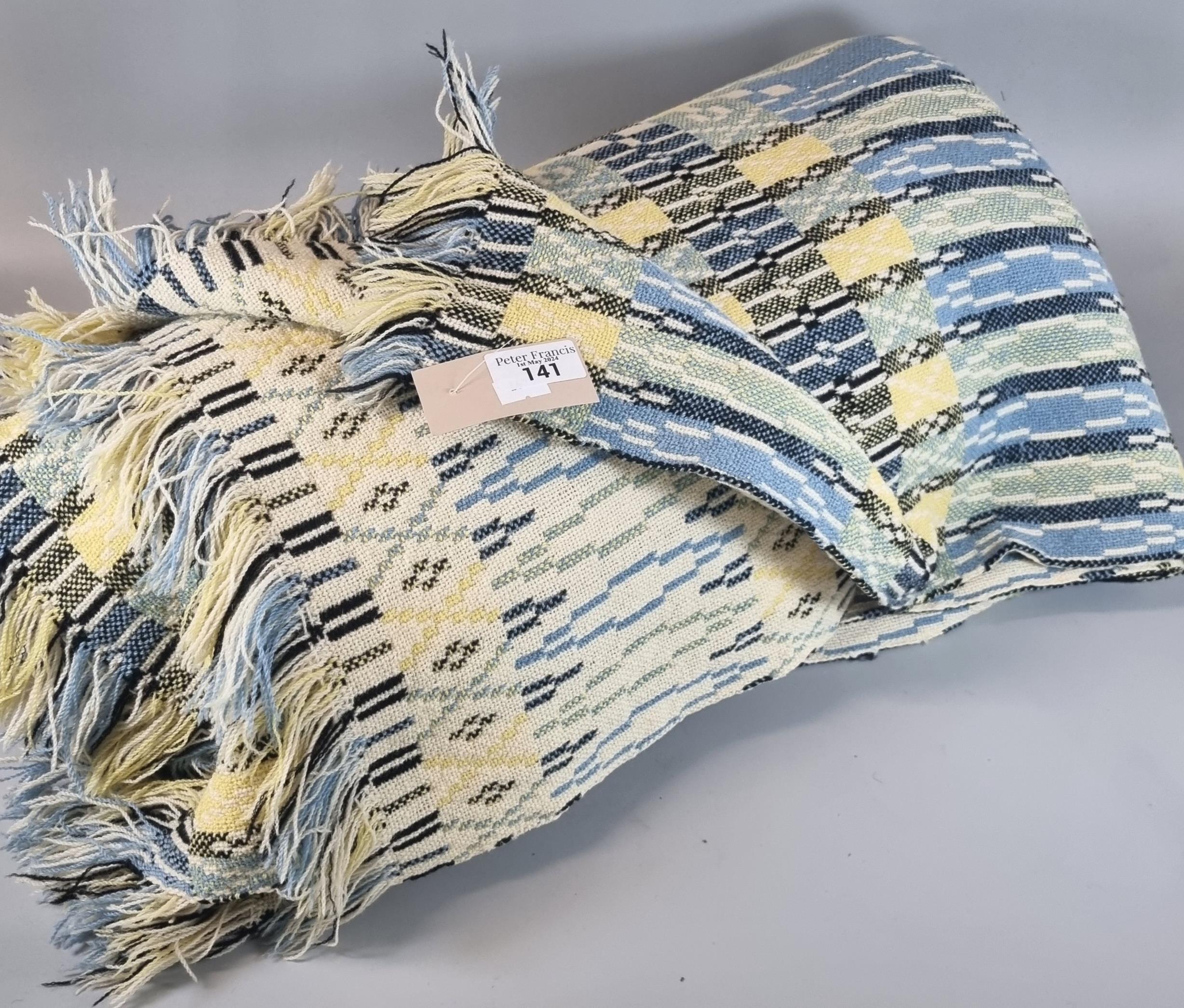 Vintage woollen cream ground multi-colour Welsh tapestry blanket or carthen with fringed edge. (B.P.