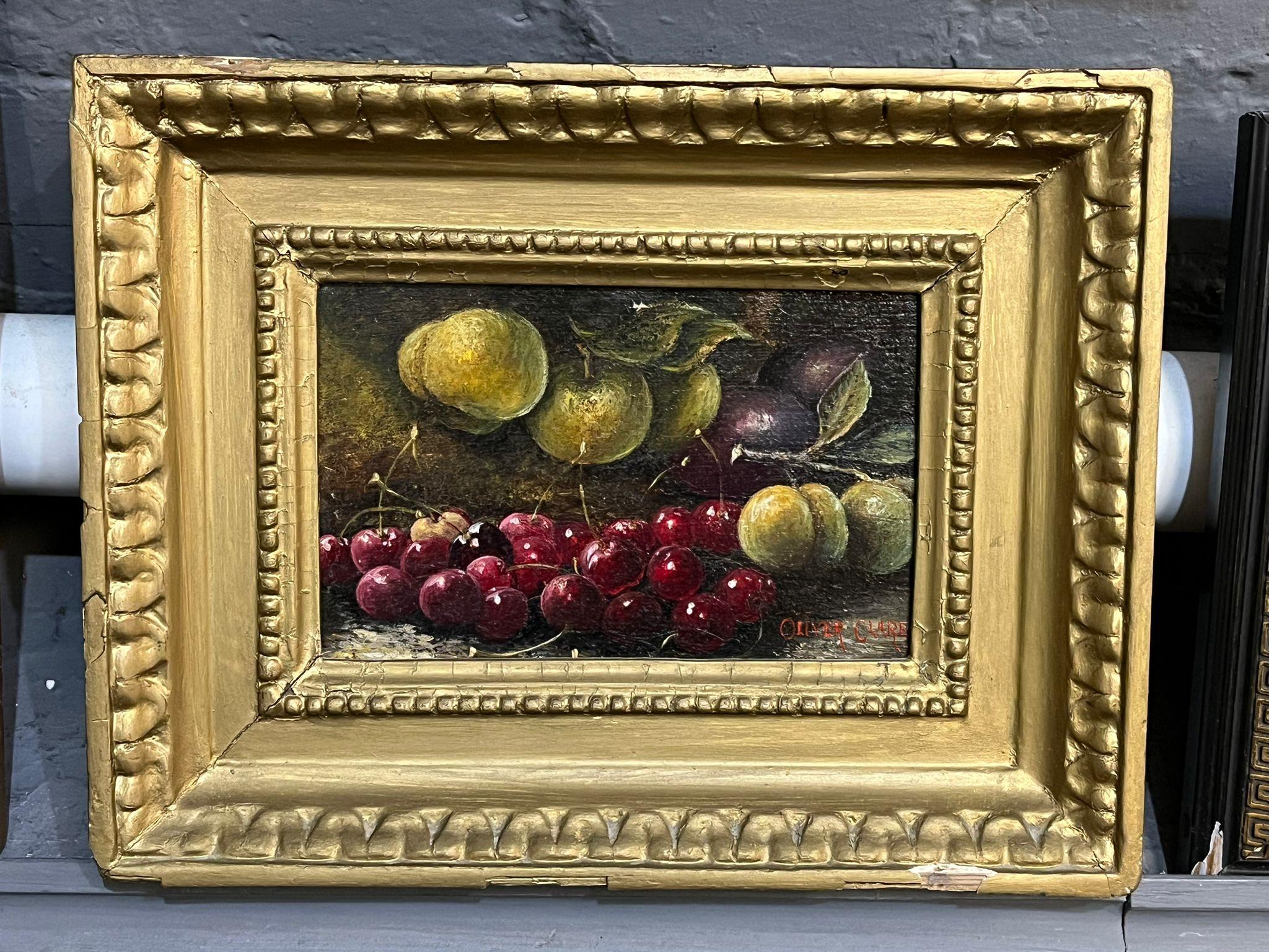 Manner of Oliver Clare (British 1853-1927), still life of fruit on a mossy bank, signed. Oils on car
