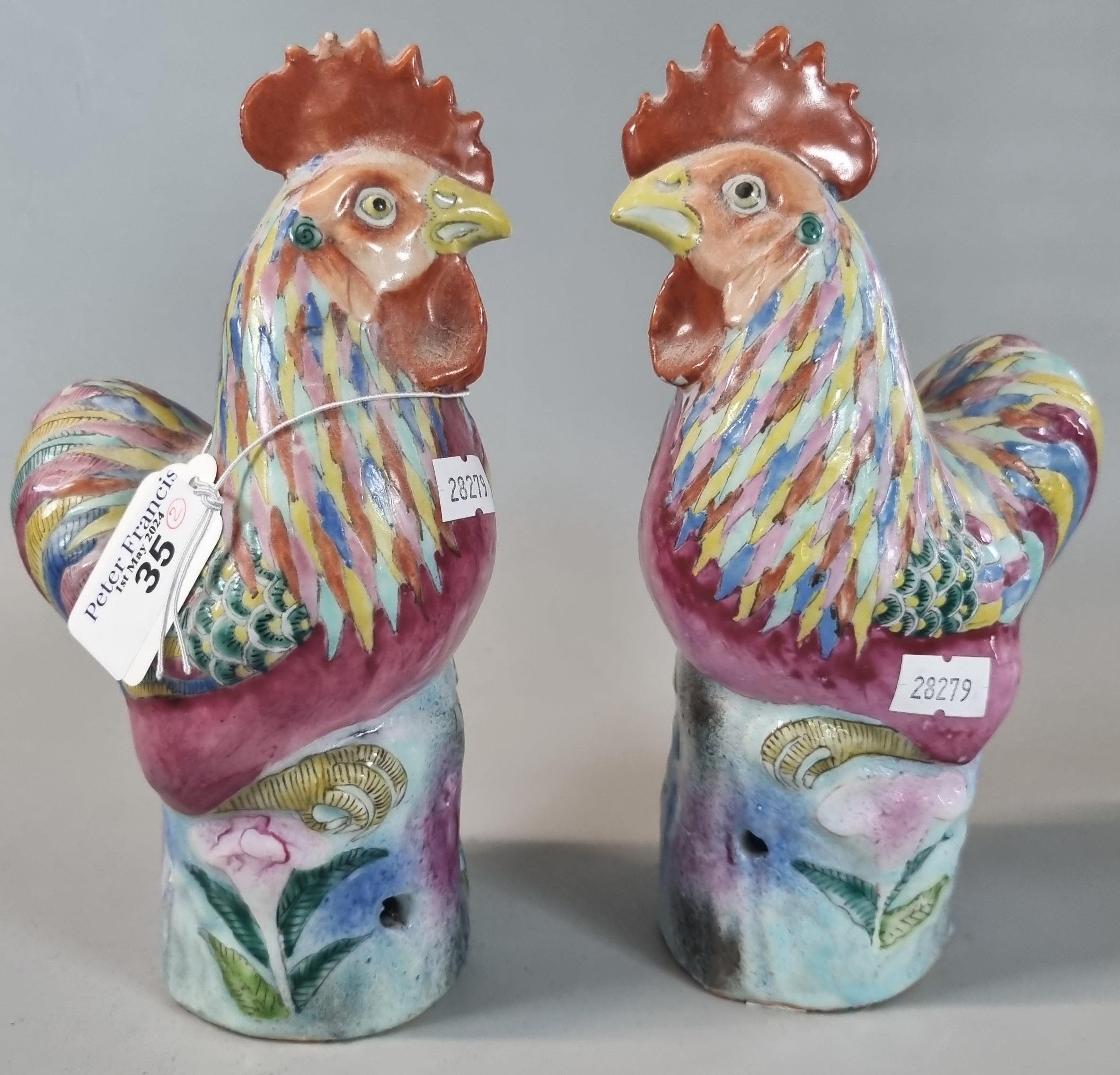 Pair of ceramic polychrome studies of cockerels. 20cm high approx. (B.P. 21% + VAT)