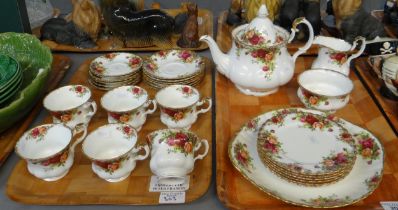 Two trays of Royal Albert 'Old Country Roses' design teaware to include: teacups and saucers,