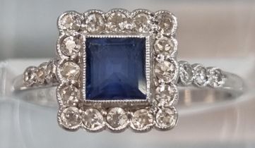 18ct white gold Art Deco design diamond and sapphire ring. 2g approx. size L. (B.P. 21% + VAT)