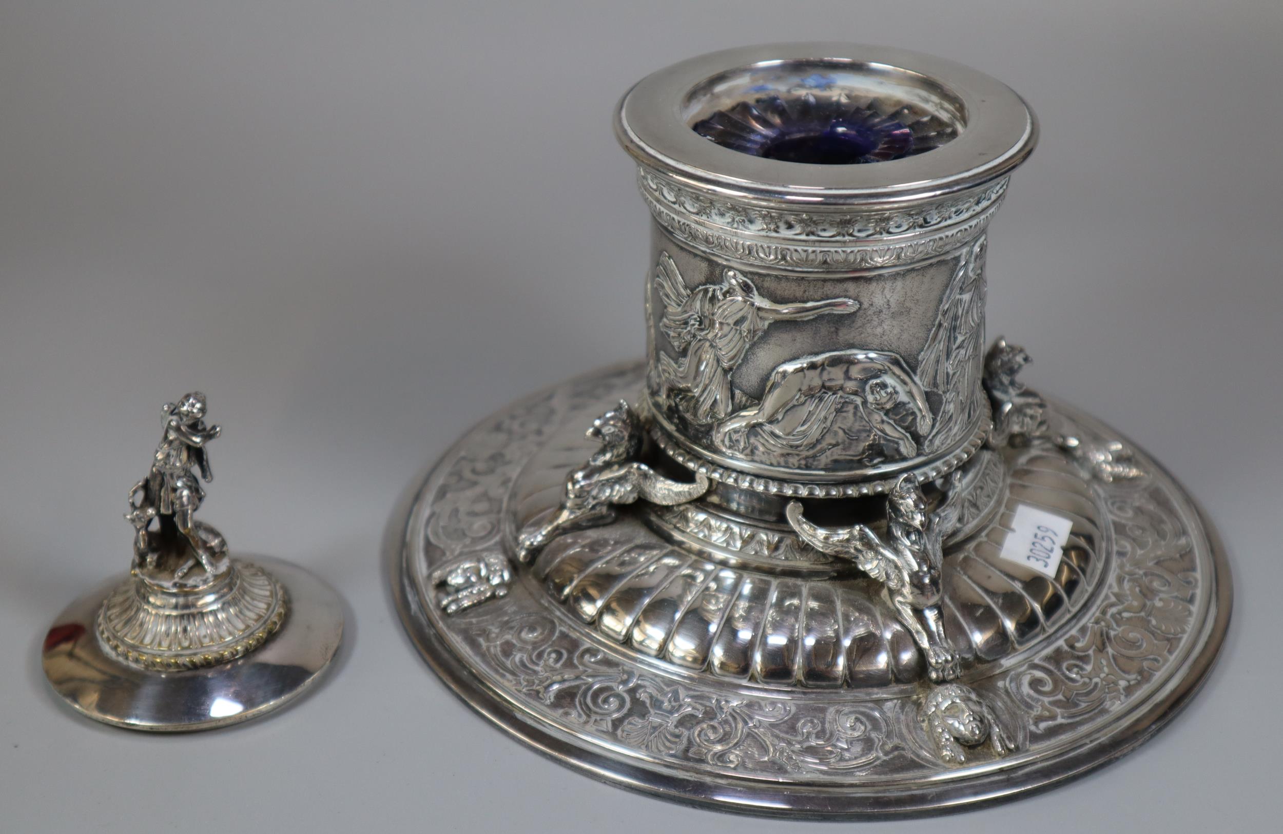 An Elkington's Greek revival silverplated capstan shaped inkwell with figural cover, frieze of - Image 3 of 9