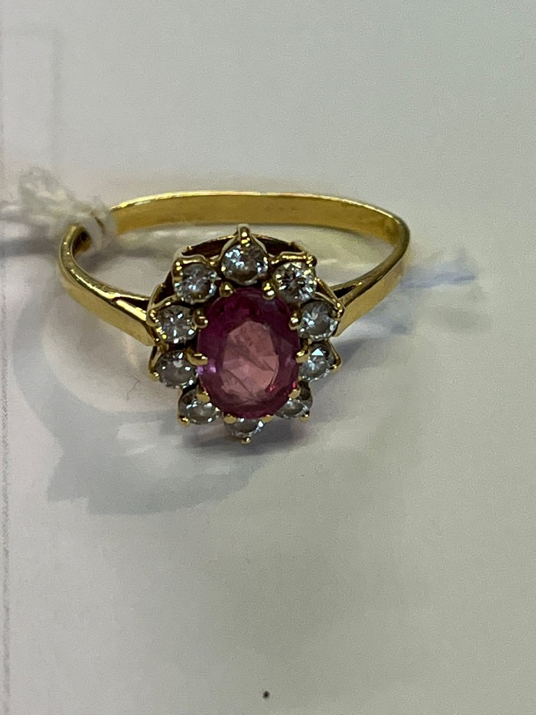 18ct gold pink stone and diamond cluster ring (possibly sapphire). 3.1g approx. (B.P. 21% + VAT) The - Image 7 of 7