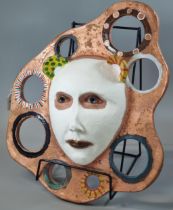 Wendy Earle (born 1954), contemporary art pottery sculpture of a stylised mask head. 37x32cm approx.
