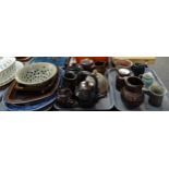 Three trays of Art pottery to include: various jugs, lidded canister, mug, teapots, cheese bell,