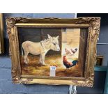 Donna Crawshaw (Welsh 20th century), study of a baby donkey with cockerel in a barn, signed. Oils on