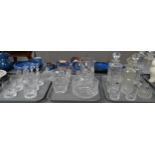 Three trays of glassware to include: cut glass decanters, pitcher, Thomas Webb and other whisky