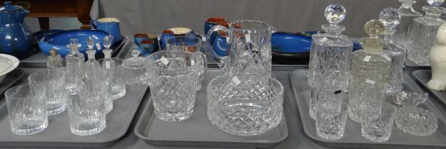 Three trays of glassware to include: cut glass decanters, pitcher, Thomas Webb and other whisky