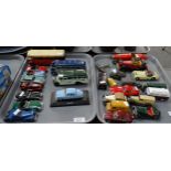 Two trays of playworn and other diecast and tin plate model vehicles to include: Minic Toys 1950s