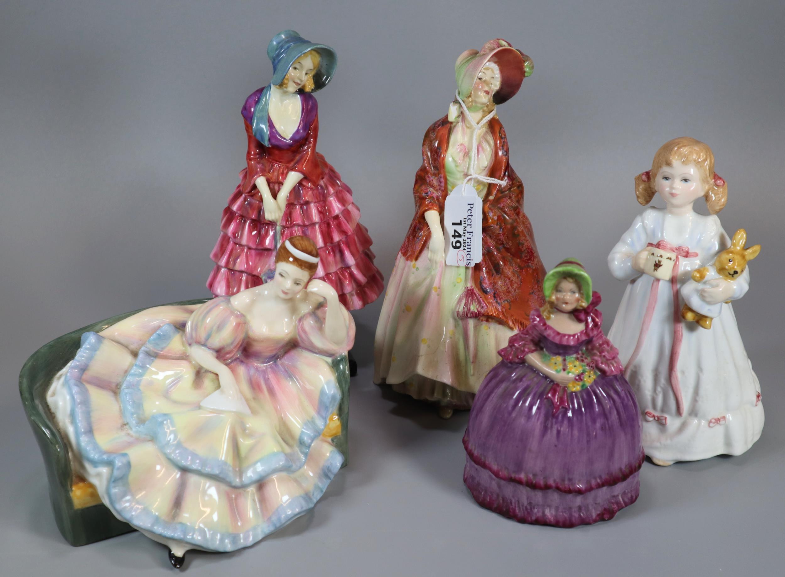 Four Royal Doulton figurines to include: 'Bunny's Bedtime' HN3370, 'Pauline' HN2441, 'Paisley Shawl'