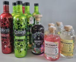 Collection of Corkys Sour Cherry and Sour Apple Schnapps (6). Together with three Mo Chara Irish Gin