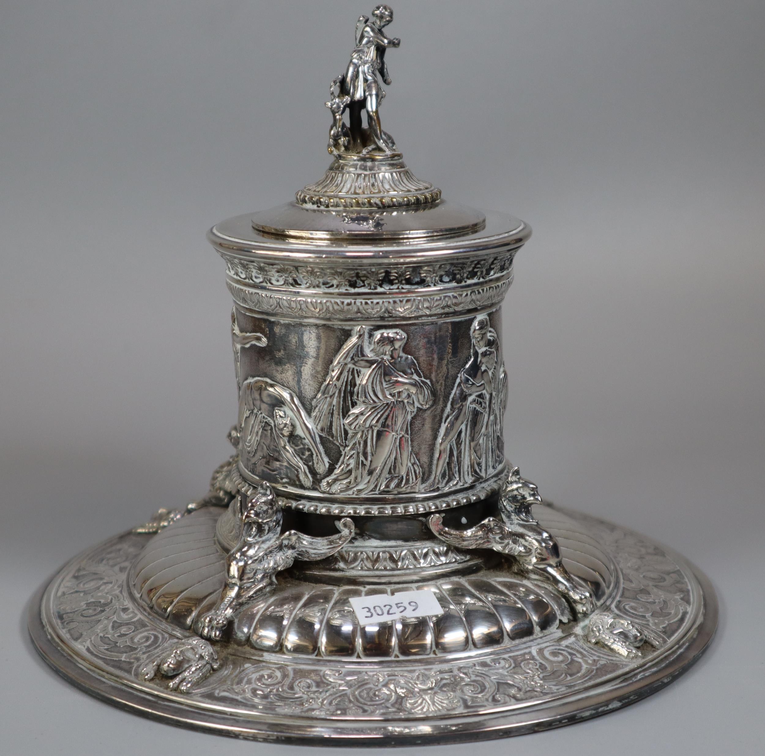An Elkington's Greek revival silverplated capstan shaped inkwell with figural cover, frieze of - Image 2 of 9