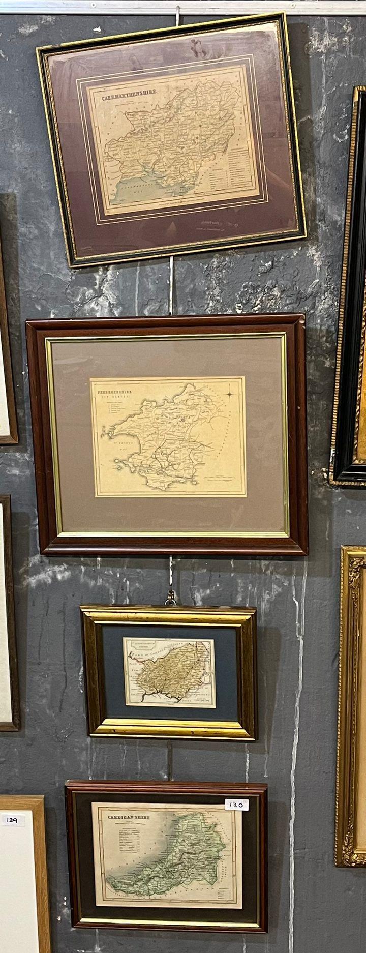 Group of four maps of Wales: Cardiganshire, Carmarthenshire, Pembrokeshire. Framed and glazed. (