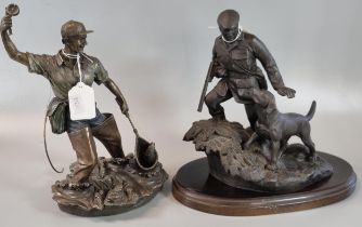 Two modern bronzed sculptures of a huntsman with his hound, marked to the underside 'Heredities' and