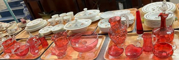 Varied collection of 19th century Cranberry glass, to include: Dimpled and sprigged baluster