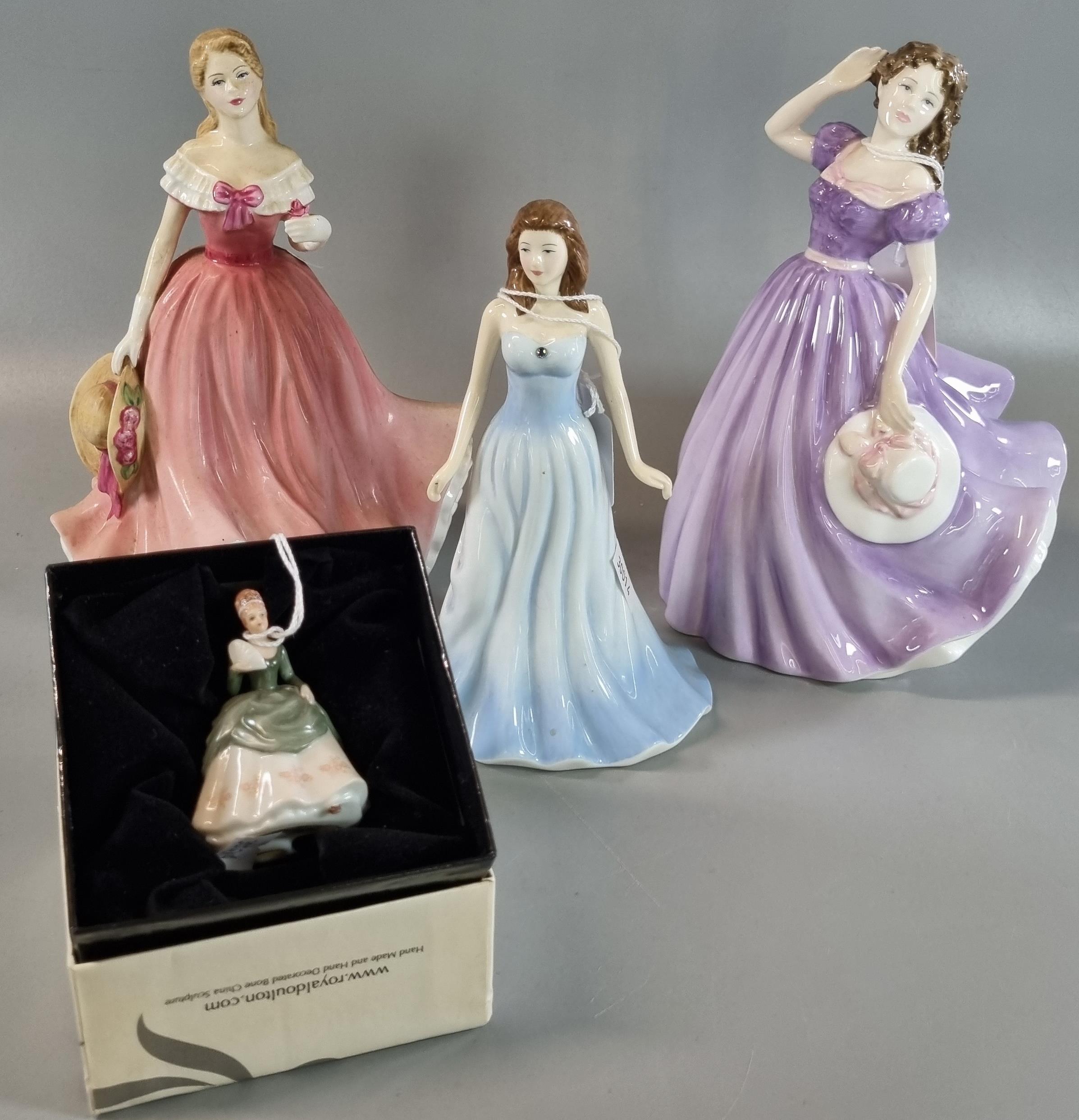 Four Royal Doulton bone china figurines to include 'Soiree' in original box, 'Rosie', 'Belles across