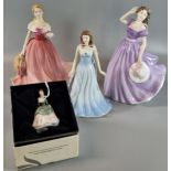 Four Royal Doulton bone china figurines to include 'Soiree' in original box, 'Rosie', 'Belles across