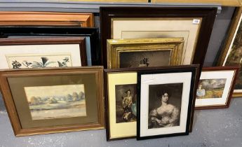 Group of assorted furnishing prints and pictures: portraits, botanical studies etc. Framed and