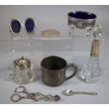Collection of silver, silverplate and other items to include: silver whisky decanter label, silver