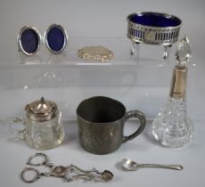 Collection of silver, silverplate and other items to include: silver whisky decanter label, silver