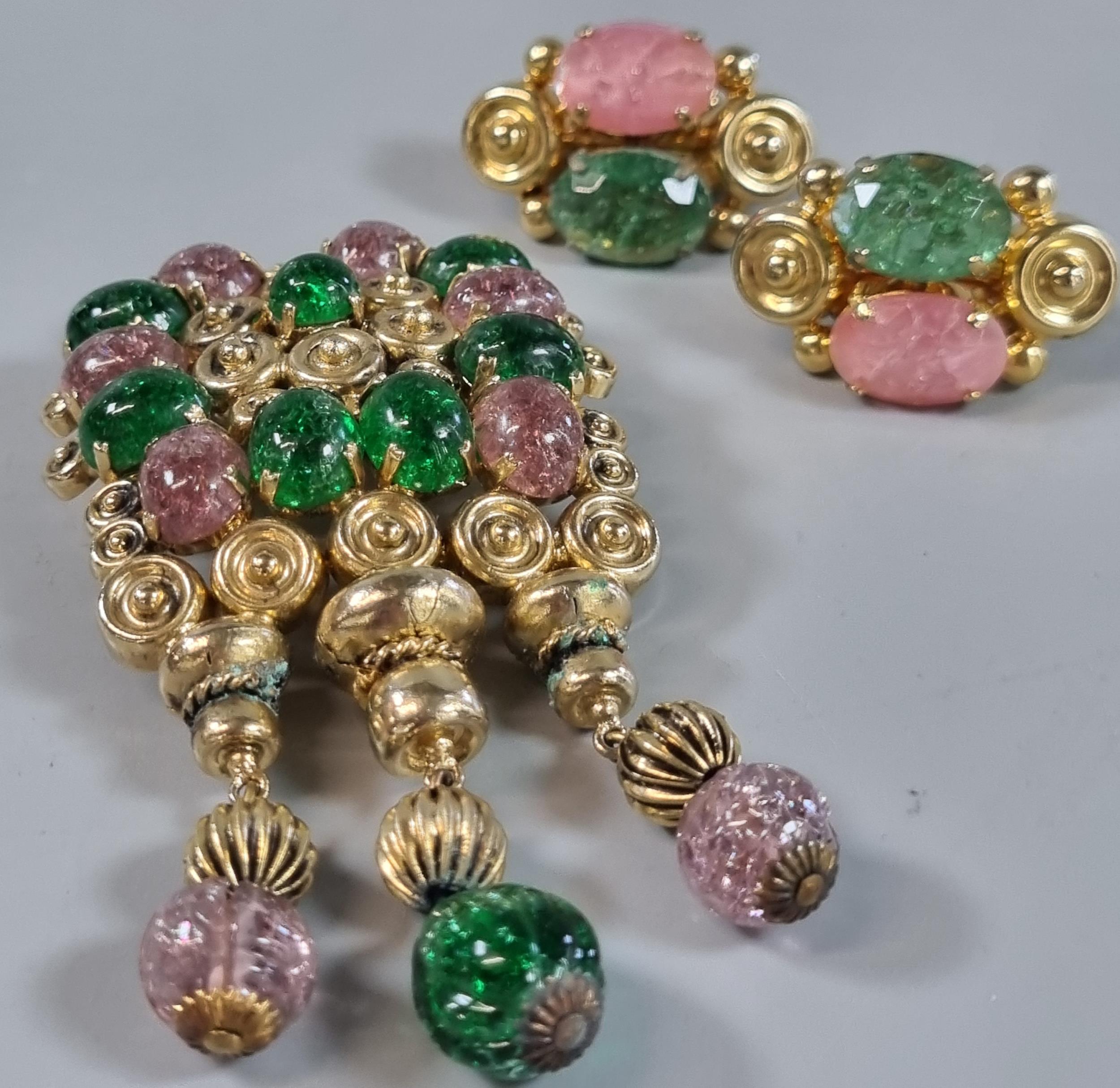 Christian Dior, gilt metal brooch with green and pink coloured stones and a pair of matching clip on - Image 2 of 2