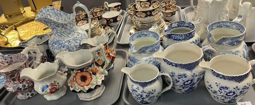 Group of assorted Welsh and other pottery jugs to include: blue and white, 'Seaweed' pattern 'Imari'