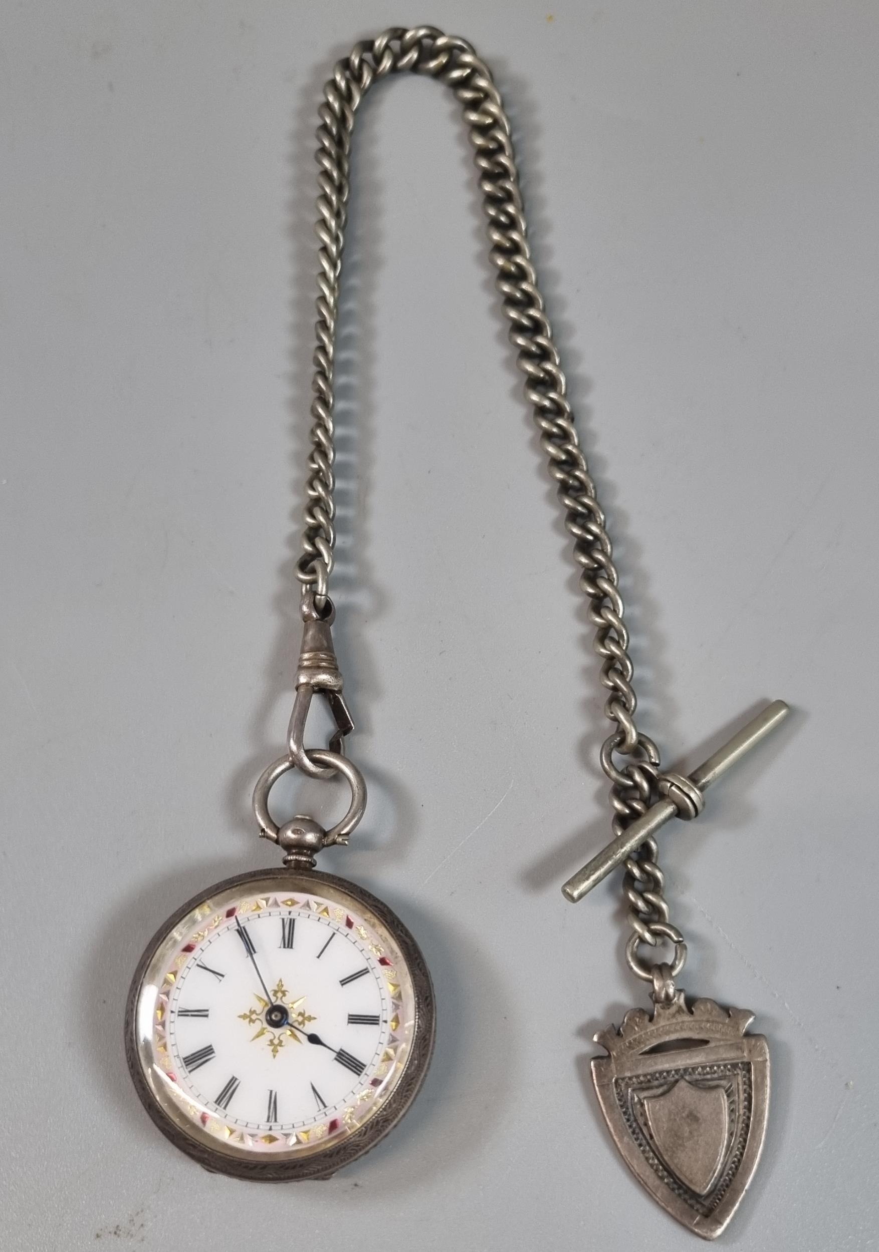 Silver and enamel ladies fancy fob watch with silver curb link Albert chain T bar and shield - Image 2 of 3