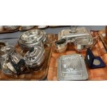 Two trays of silver plate to include: teapots, milk jug, sugar bowl, City of Belfast coin in case,