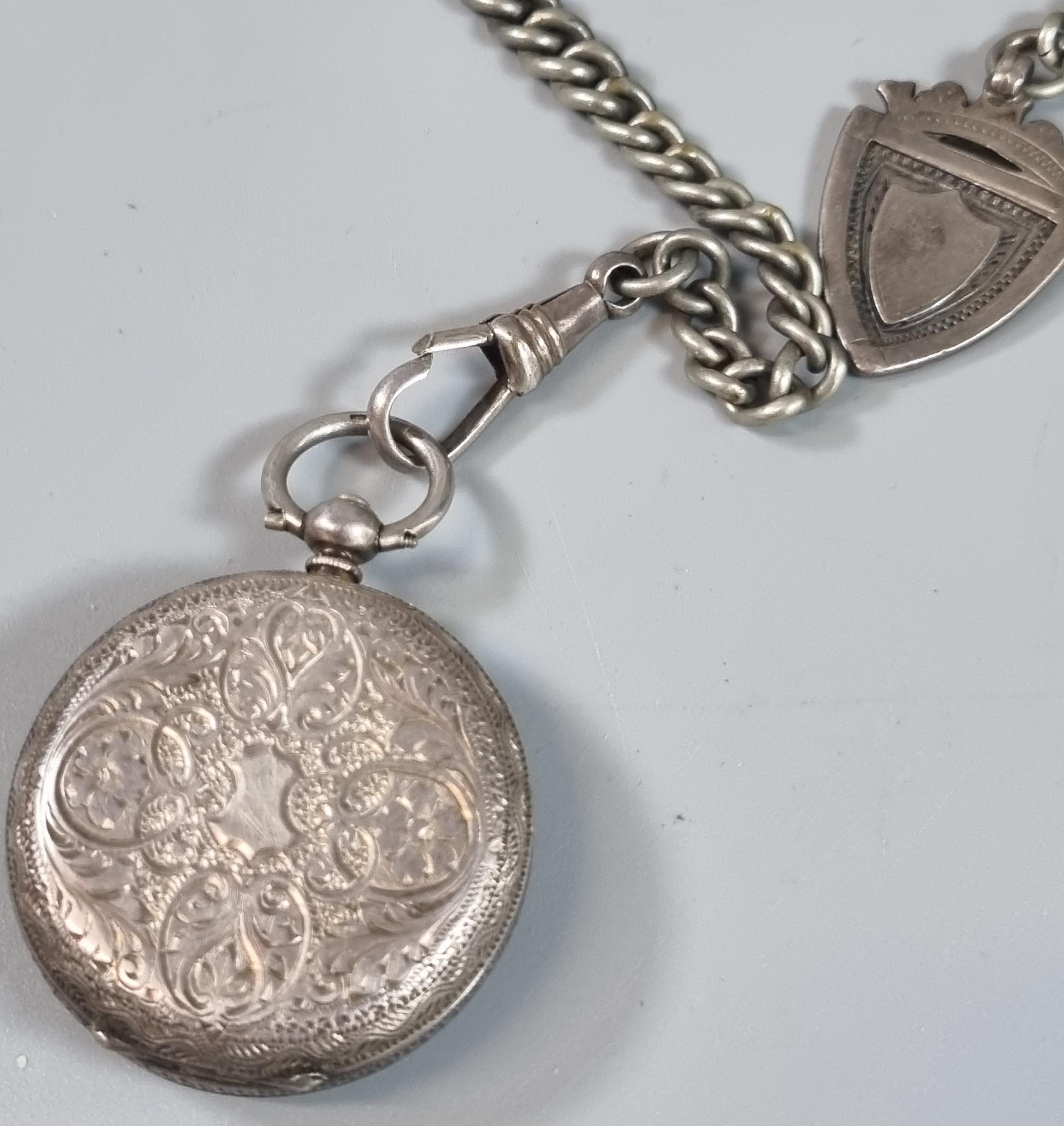 Silver and enamel ladies fancy fob watch with silver curb link Albert chain T bar and shield - Image 3 of 3