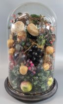 Late Victorian bell shaped glass dome raised on a circular wooden ebonised base with diorama of