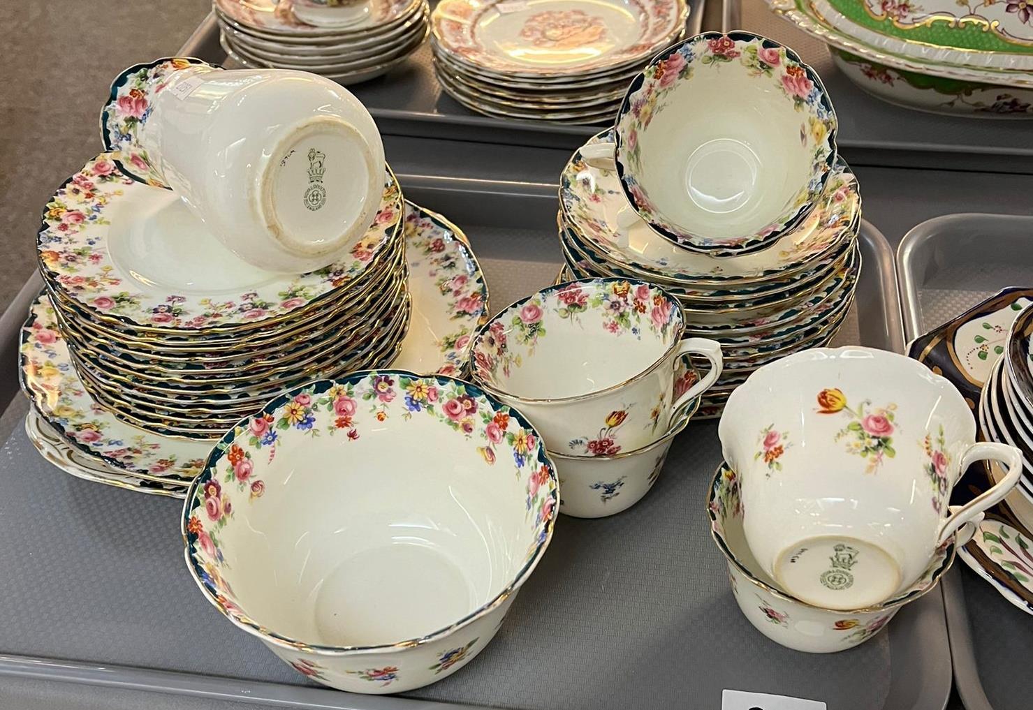 Royal Doulton bone china floral tea set comprising: six cups, twelve saucers, twelve side plates,