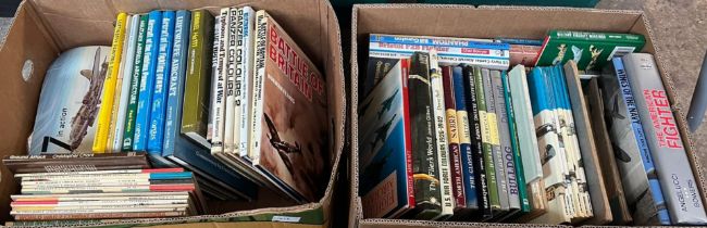 Large collection of modern books on aviation, mostly hardbacks, some soft covers. Two boxes. (2) (