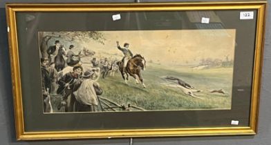 After C P Jacomb, hare coursing scene, coloured print. signed in the plate. 25x56cm approx. Framed