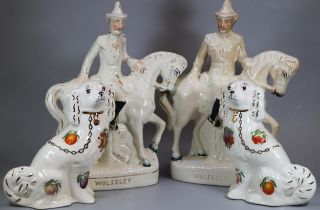 Staffordshire 'Wolseley' flat back figures on horseback, together with a pair of Staffordshire style
