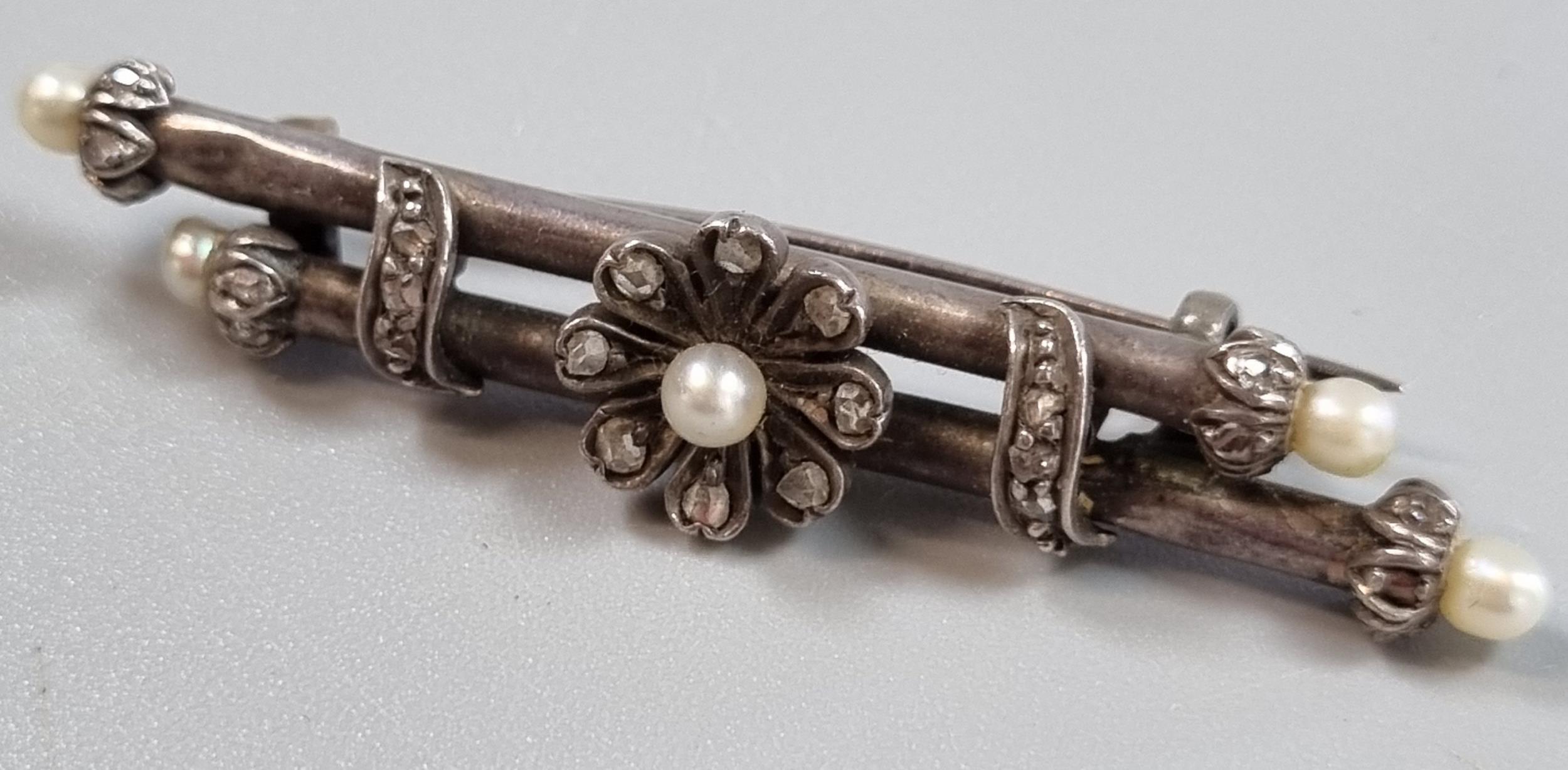19th century ornate brooch set with pearls and small rose cut diamonds together with a moonstone - Image 3 of 3