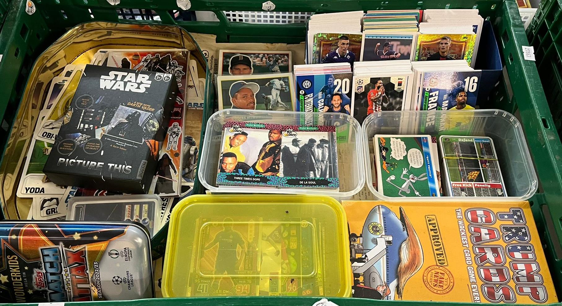 Large collection of Baseball Trading Cards, Star Wars Cards, Trump Cards, tin of Match Attack