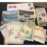 Shoe box with selection of postcards, cigarette cards, vintage Birthday cards and a few stamp