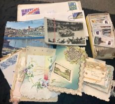 Shoe box with selection of postcards, cigarette cards, vintage Birthday cards and a few stamp