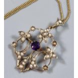 Edwardian 9ct gold pearl and amethyst pendant on fine link chain. 5g approx. (B.P. 21% + VAT)