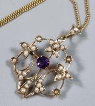 Edwardian 9ct gold pearl and amethyst pendant on fine link chain. 5g approx. (B.P. 21% + VAT)